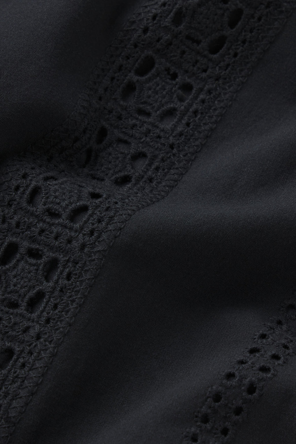 Close-up of the Cafe Dress in Black Eyelet, showcasing its black fabric and geometric lace trim inspired by cotton eyelet designs. The texture and detailed lacework are clearly visible.