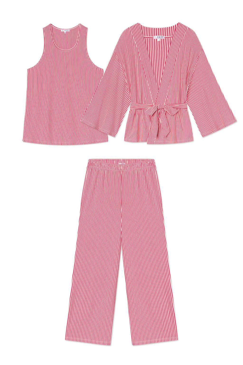DreamModal Kimono Pants Bundle in Ski Patrol Pencil Stripe: includes a sleeveless tank, long-sleeve wrap top with waist tie, and wide-leg pants, all laid flat on white. Ideal as a soft modal lounge set.