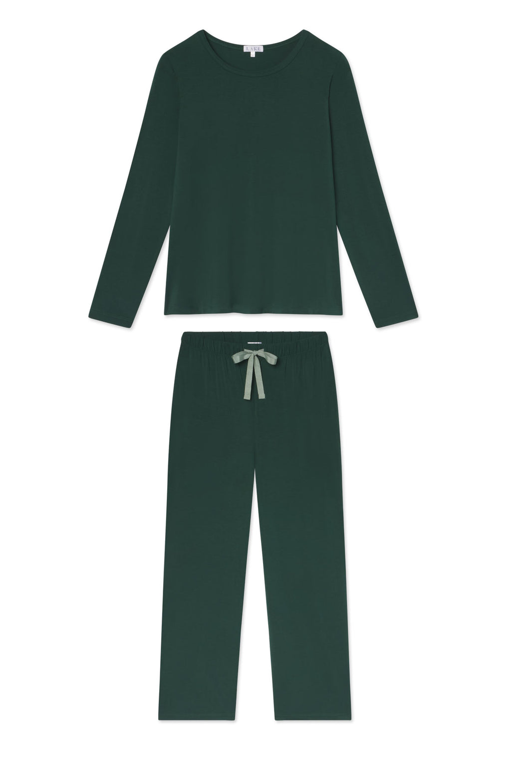 The DreamModal Ribbon Long-Long Set in Conifer features a dark green, crew neck, long-sleeve top and matching pajama pants with a light green drawstring ribbon. Both pieces have a relaxed fit and are shown laid flat on a white background.