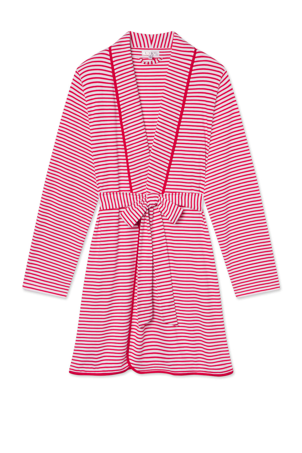 The Pima Short Robe in Classic Red Voyager Stripe features long sleeves, knee-length cut, red and white stripes, a matching waist belt, and red-trimmed edges.