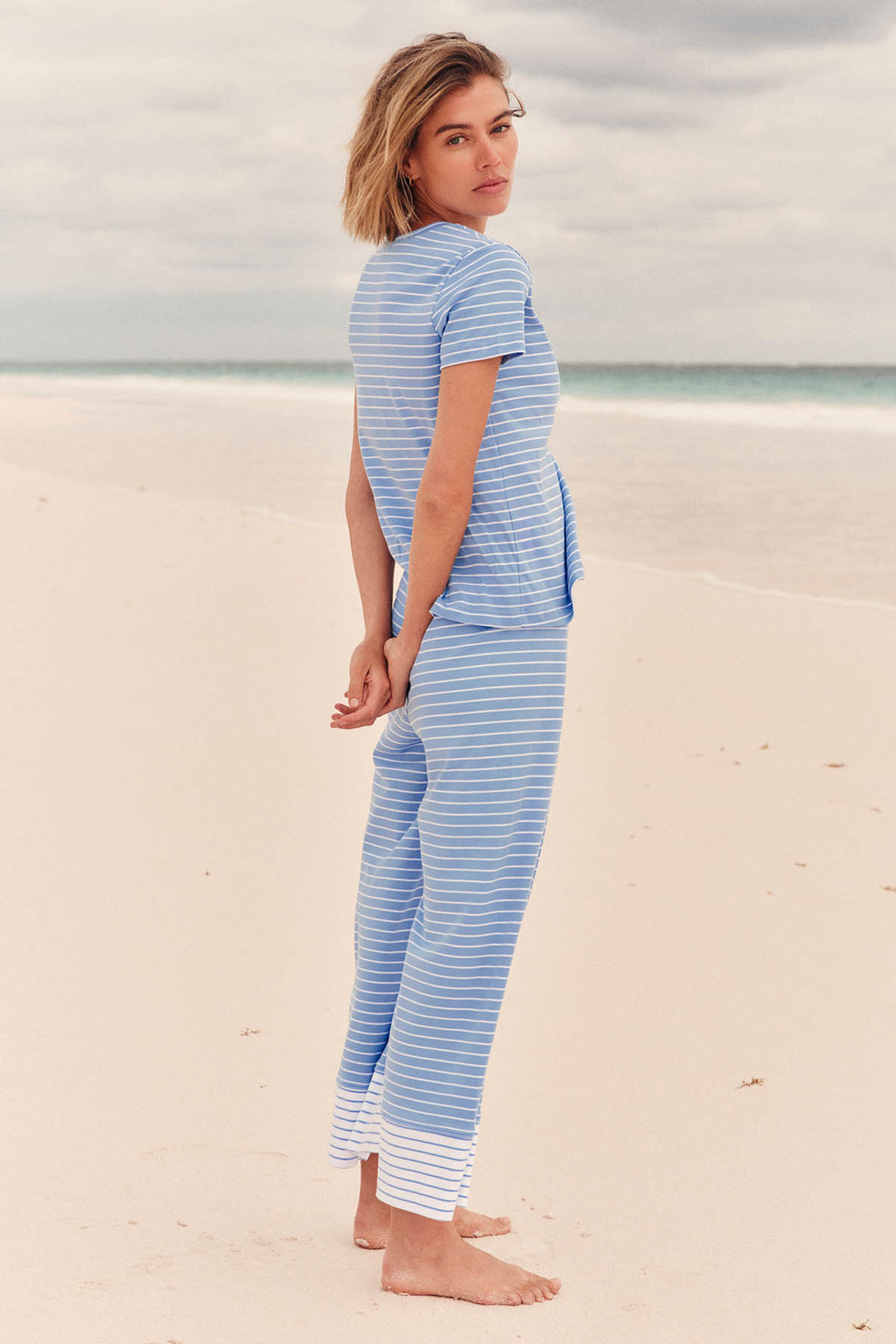 Pima Crew Wide Leg Pajama Set in Mixed Baltic Blue Stripe - Main Image 3