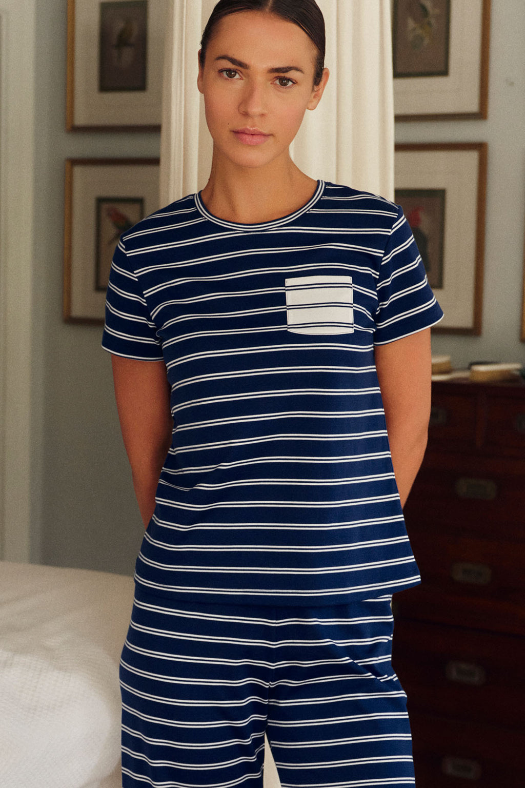 Pima Crew Wide Leg Pajama Set in Blue Depths Tidal Stripe - Main Image 3