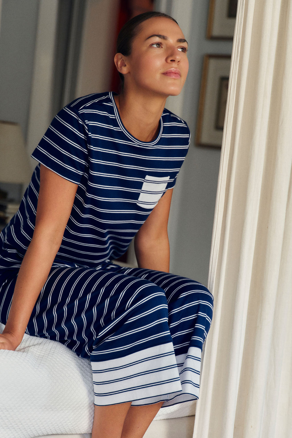 Pima Crew Wide Leg Pajama Set in Blue Depths Tidal Stripe - Main Image 2