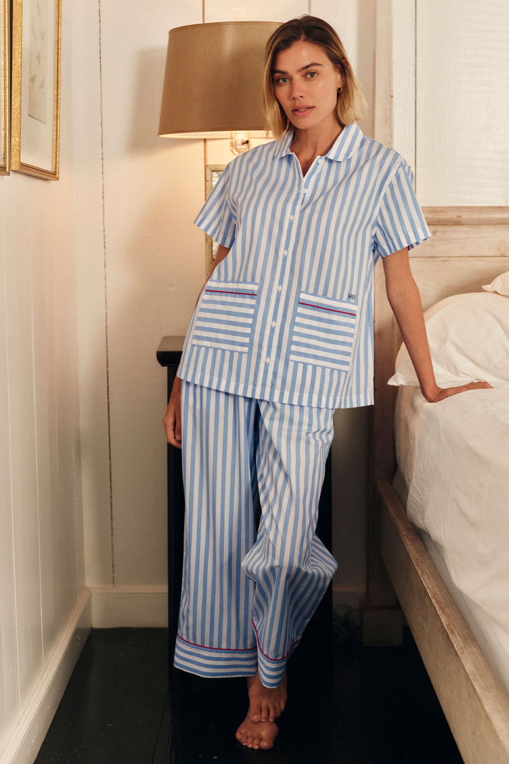 Poplin Piped Short-Long Set in Baltic Blue Beam Stripe - Main Image 3
