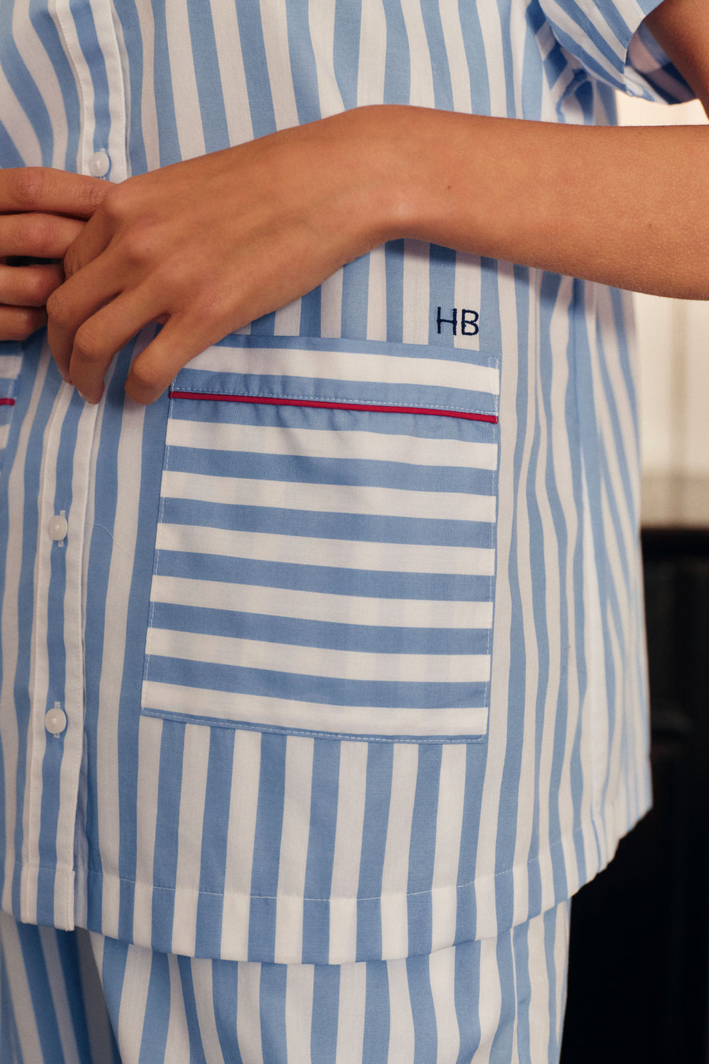 Poplin Piped Short-Long Set in Baltic Blue Beam Stripe - Main Image 2