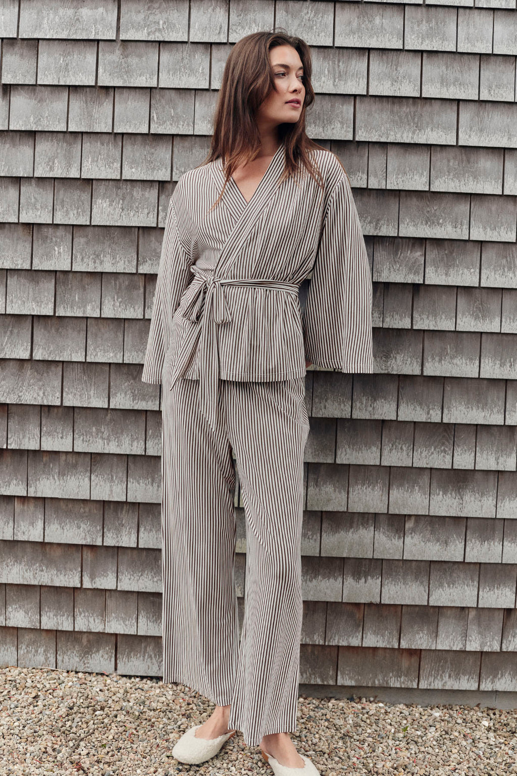 DreamModal® Kimono Pajama Set in Cocoa Pencil Stripe - Main Image 4