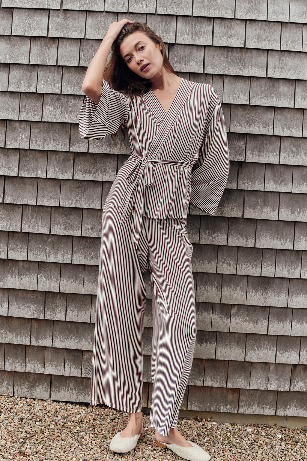 DreamModal® Kimono Pajama Set in Cocoa Pencil Stripe - Main Image 2
