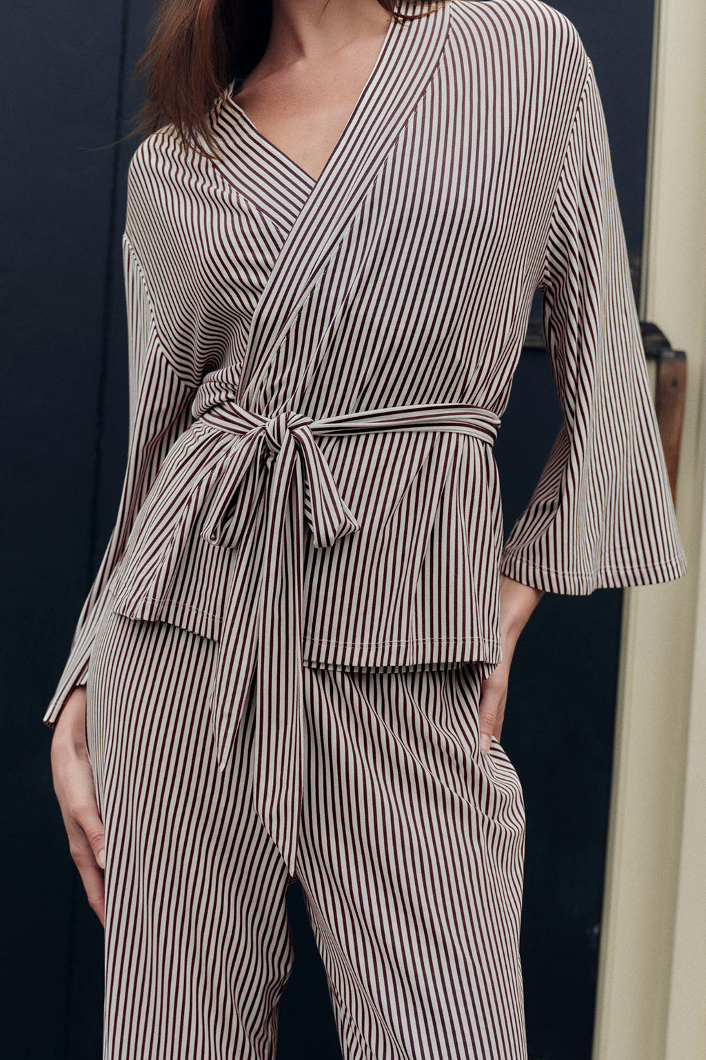 DreamModal® Kimono Pajama Set in Cocoa Pencil Stripe - Main Image 3