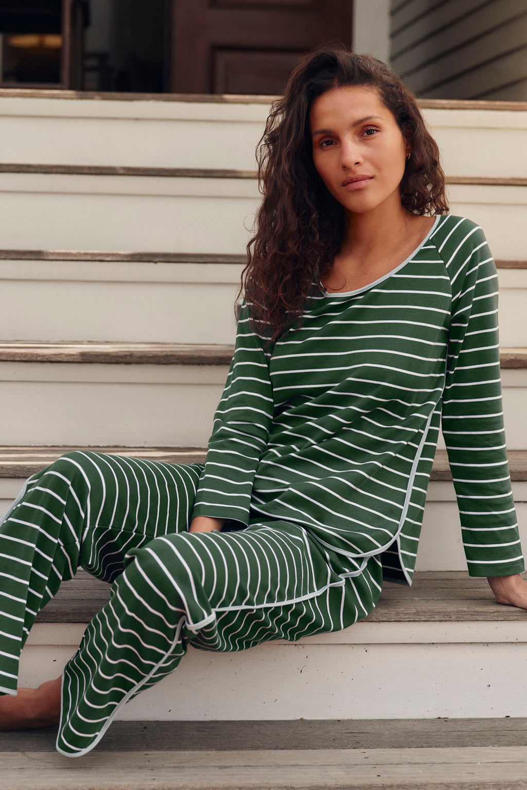 Pima Long-Long Set in Trekking Green Club Stripe - Main Image 1