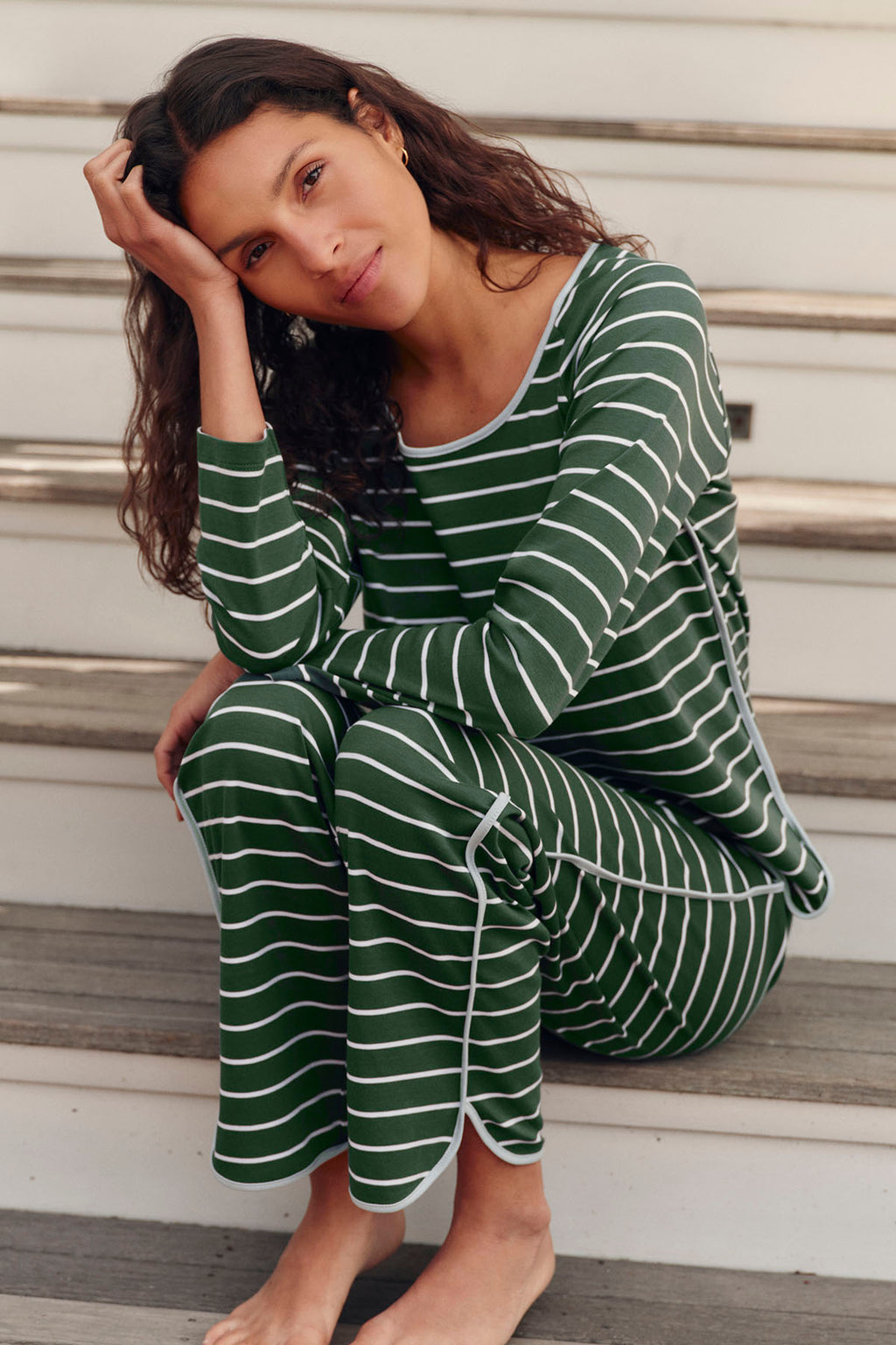 Pima Long-Long Set in Trekking Green Club Stripe - Main Image 3