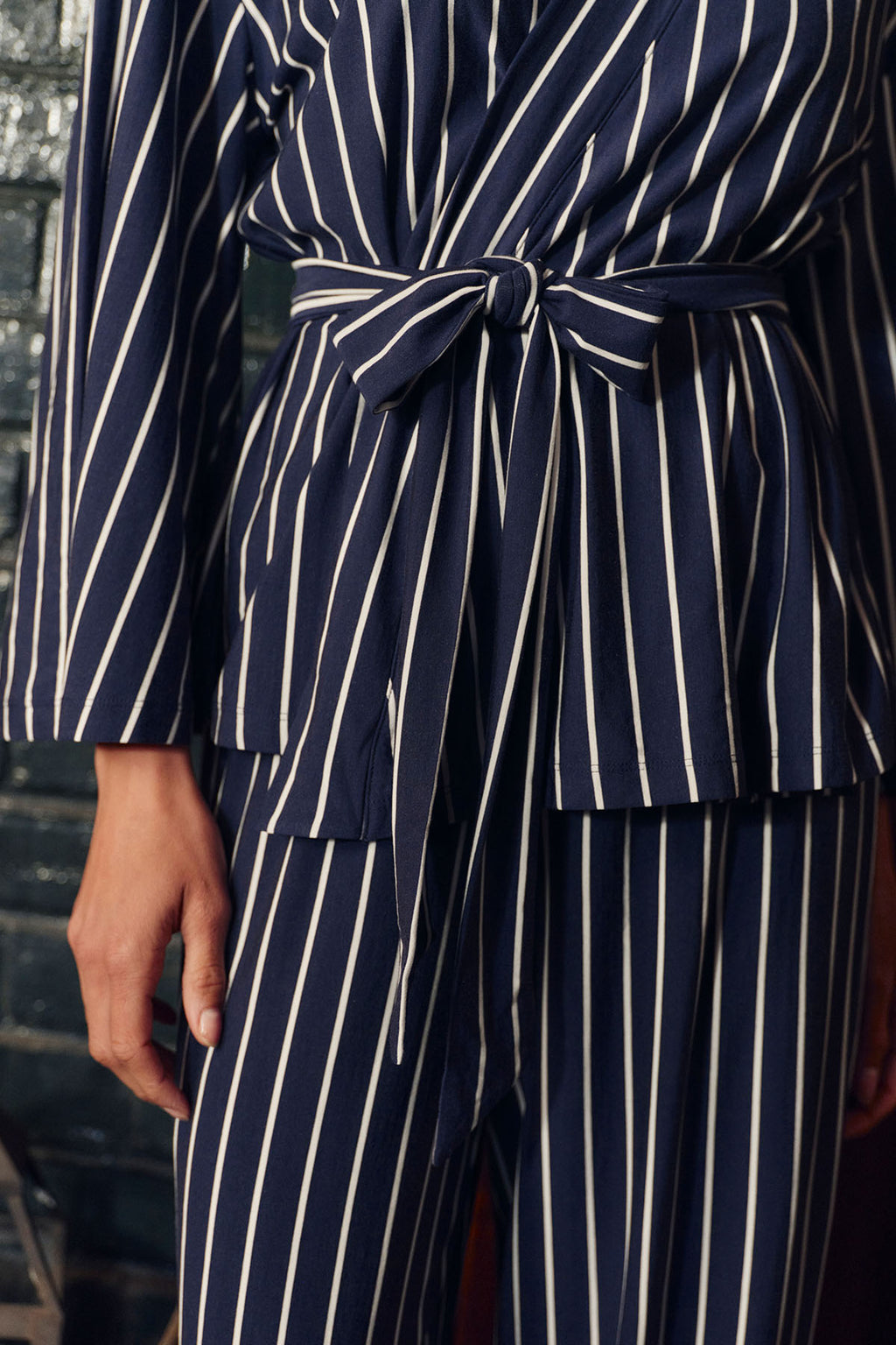 DreamModal® Kimono Pajama Set in English Navy Vertical Stripe - Main Image 2