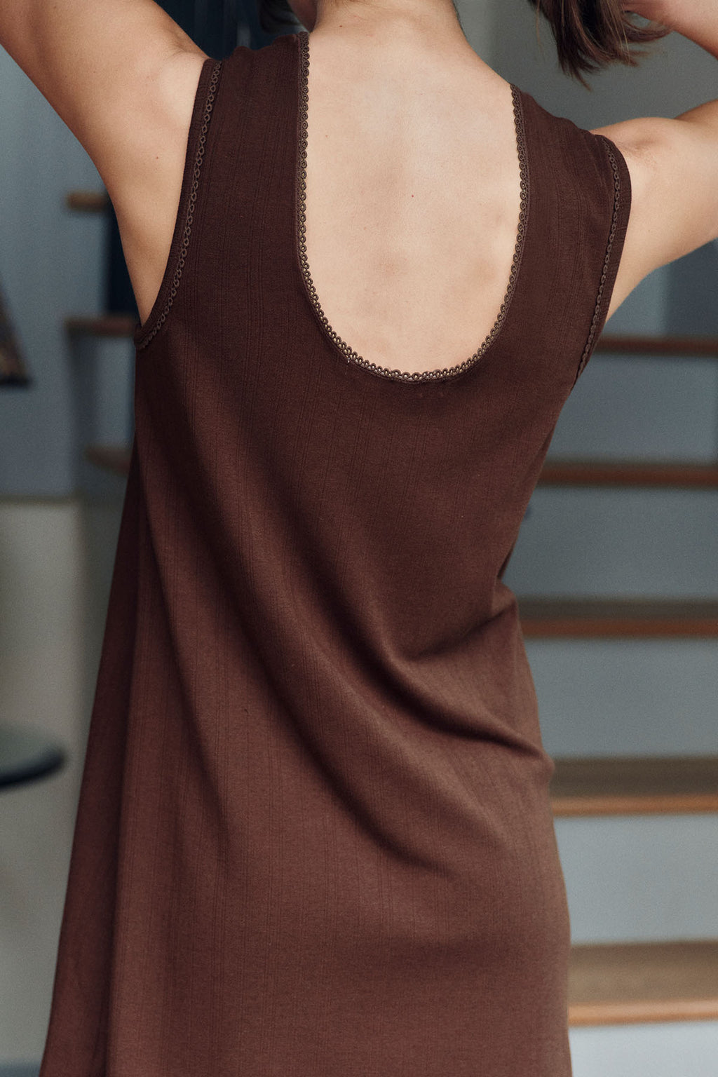 Cocoa brown sleeveless tank gown with pointelle knit texture and scalloped neckline trim.