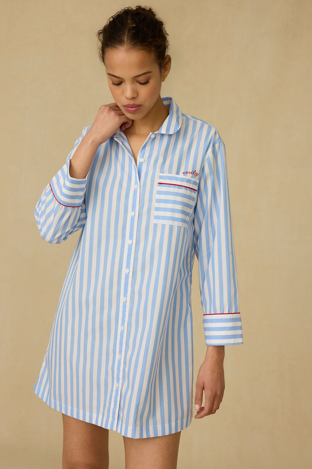Poplin Piped Nightgown in Baltic Blue Beam Stripe - Main Image 1