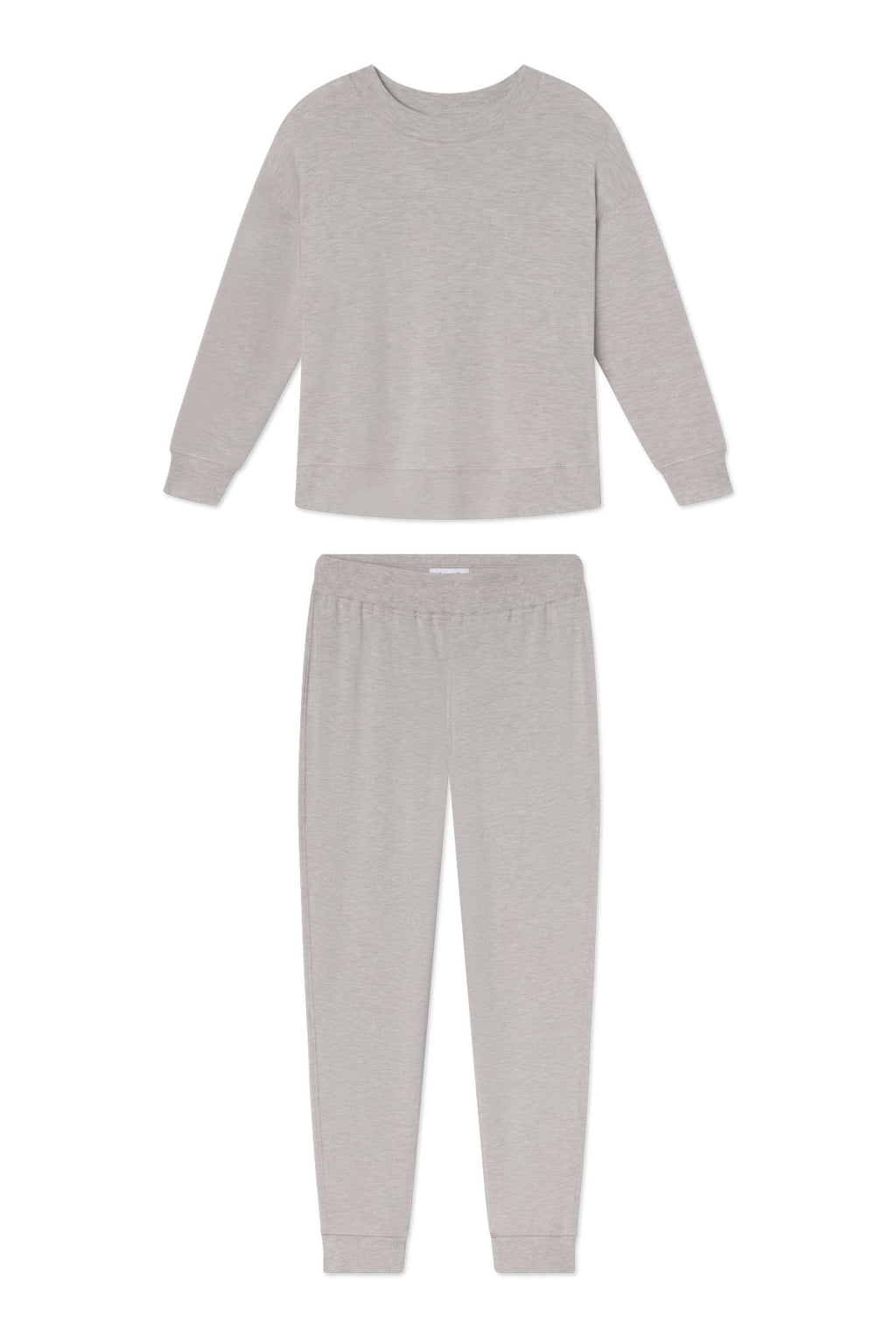 The Relax Jogger Set in Heather Gray features a long-sleeve crew neck top and drawstring jogger pants, displayed laid flat on a white background.