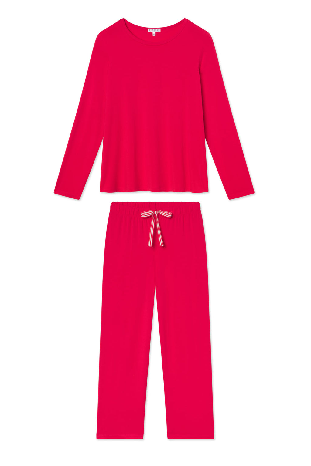The DreamModal Ribbon Long-Long Set in Ski Patrol features a bright red long sleeve crewneck top and drawstring pants with a white and red striped waist tie, crafted from ultra-soft modal fabric for ultimate comfort.