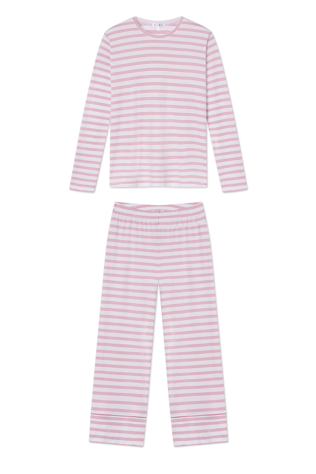 Pima Crew Long Sleeve Wide Leg Pajama Set in Light Camellia Triple Stripe - Featured Image 4