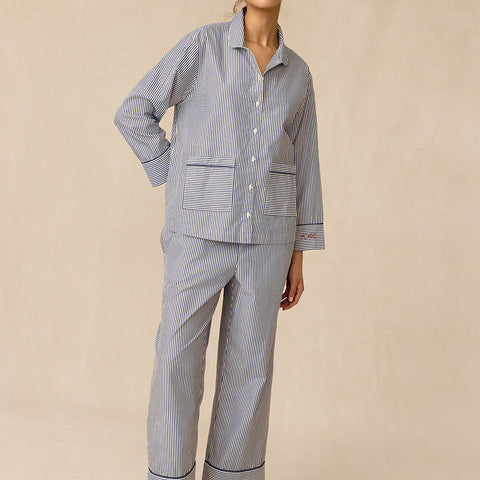 LAKE | Women | Poplin Pajamas | English Navy Riviera Stripe Poplin ...
