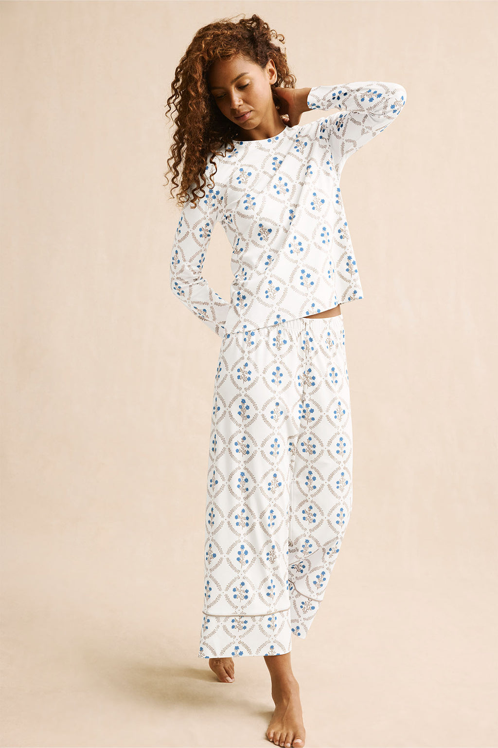 Pima Crew Long Sleeve Wide Leg Pajama Set in Sandstone Wreath - Main Image 1