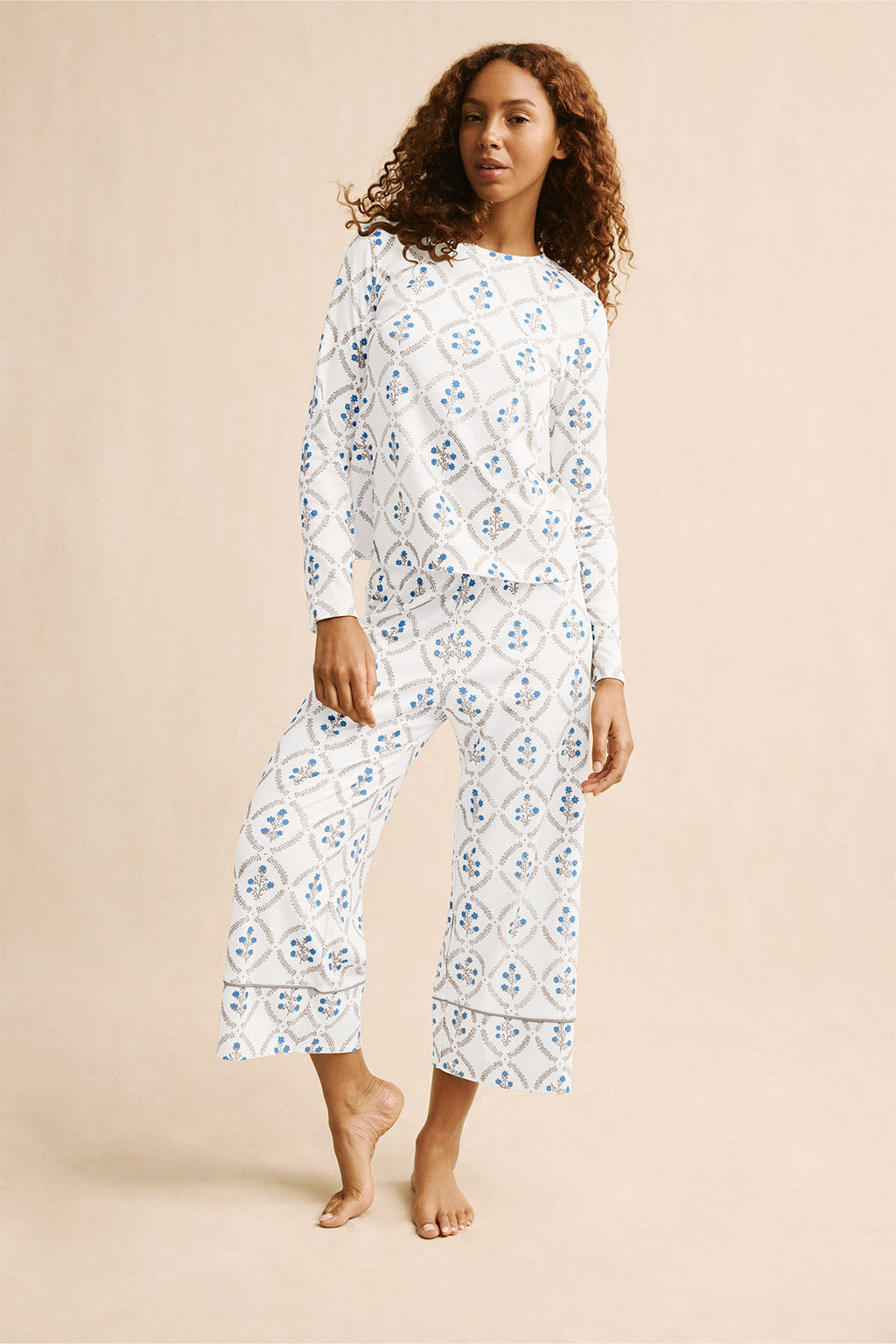 Pima Crew Long Sleeve Wide Leg Pajama Set in Sandstone Wreath - Main Image 3