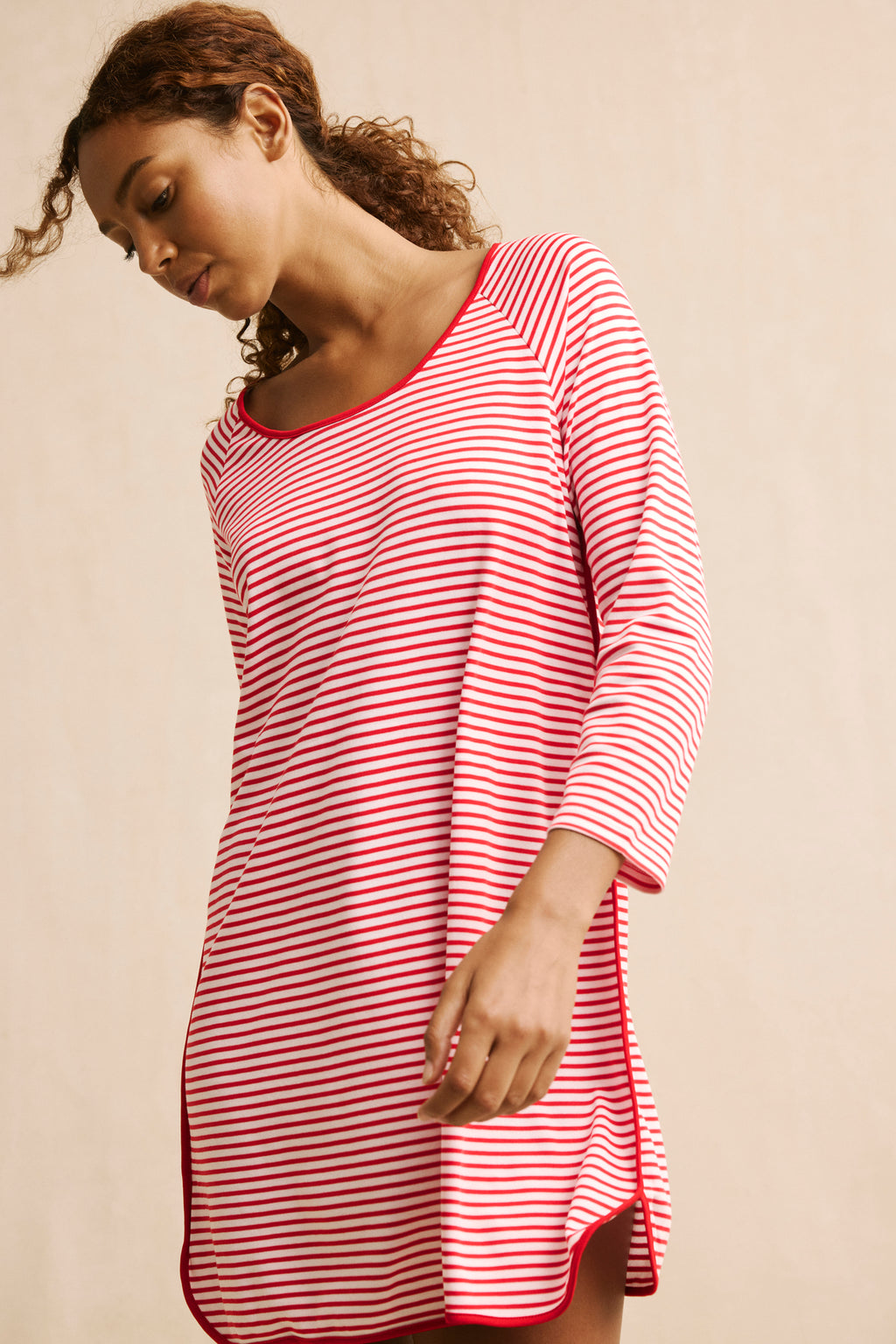 Pima Long Sleeve Nightgown in Classic Red Voyager Stripe - Main Image 3
