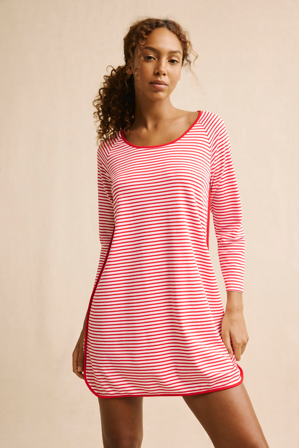 Pima Long Sleeve Nightgown in Classic Red Voyager Stripe - Main Image 1