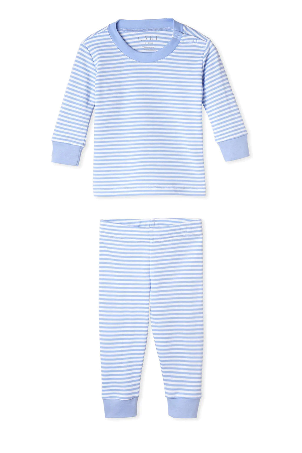 The Baby Long-Long Set in Hydrangea features soft Pima Cotton pajamas for children, with light blue and white horizontal stripes, long sleeves, and light blue cuffs on both the top and pants.