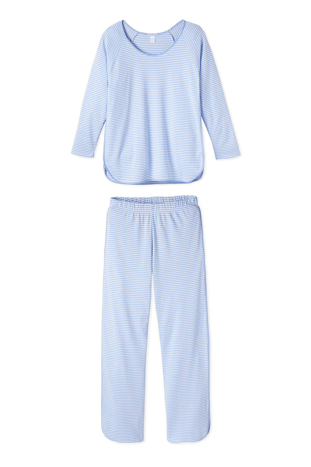 The Pima Long-Long Set in Hydrangea features a light blue color with thin white stripes, made from 100% Pima cotton. Includes a long-sleeve top with rounded hem and elastic-waist pants, both laid flat on a white background.