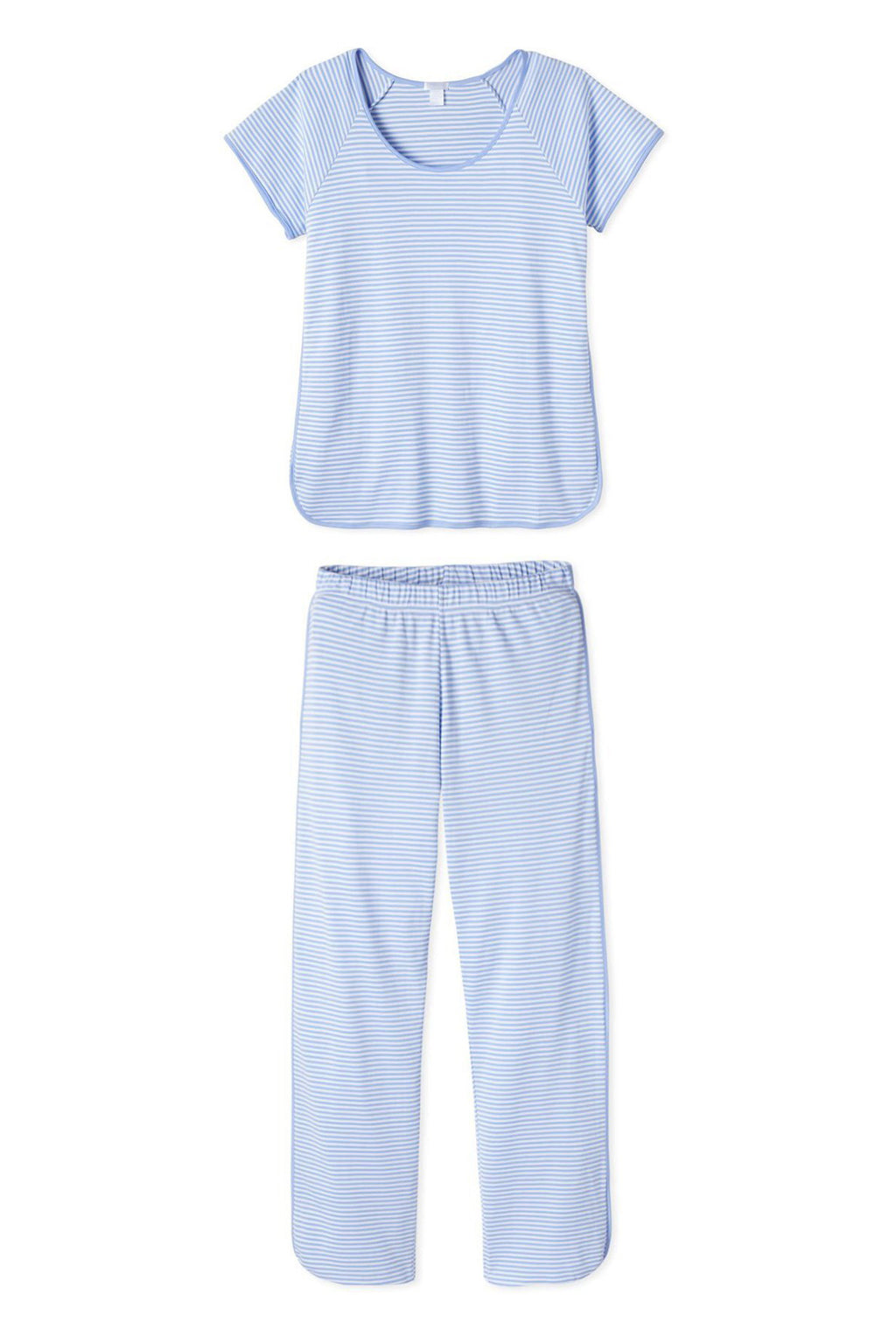 The Pima Short-Long Set in Hydrangea features blue and white stripes, a soft Pima cotton short-sleeve scoop-neck top, and matching long pants with an elastic waistband, all shown flat on a white background.