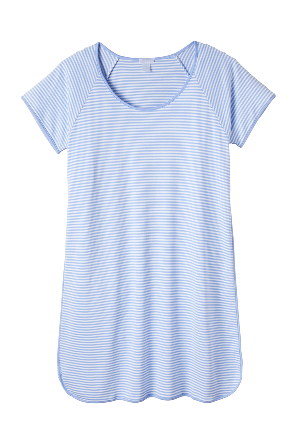 The Pima Nightgown in Hydrangea is a short-sleeved, light blue gown with thin white stripes, scoop neckline, relaxed fit, and gently curved hem for comfort.
