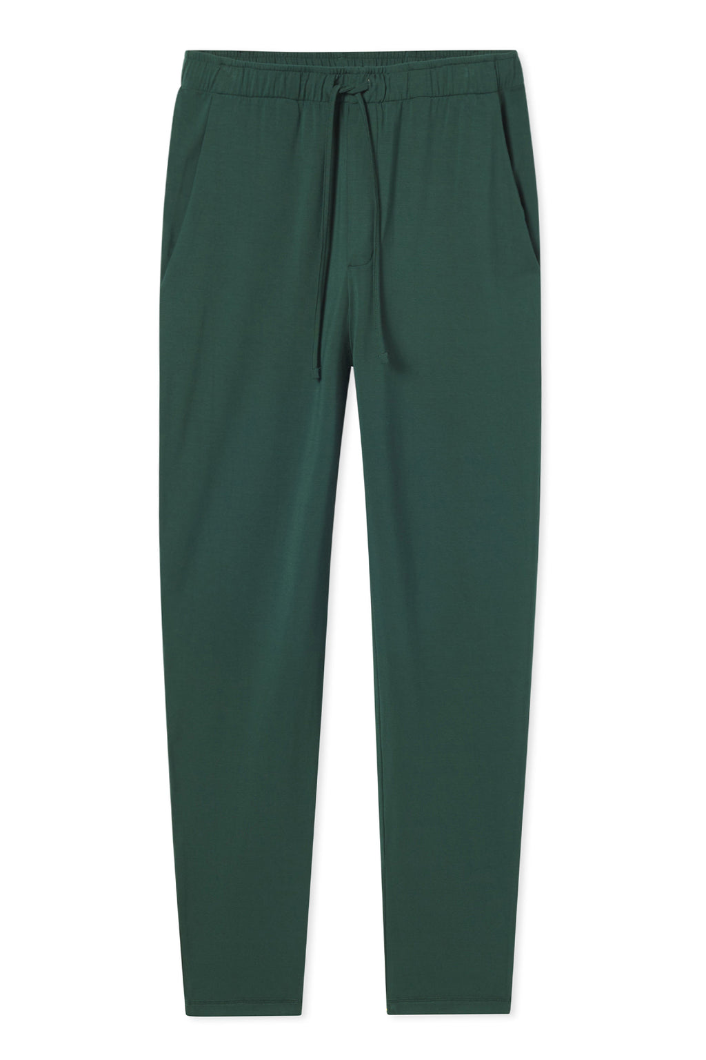 Mens Bamboo Lounge Pants in Conifer: jogger-style with elastic waistband, drawstring, and side pockets, made from stretchy knit fabric. Shown flat on a white background.