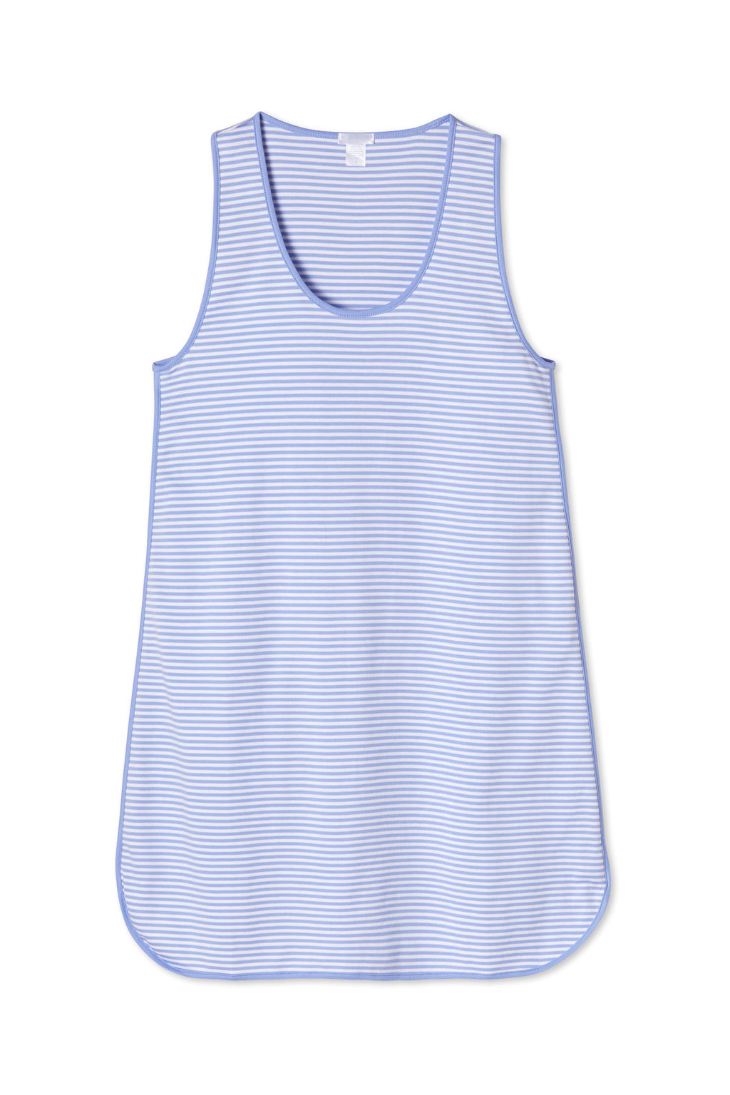 The Pima Tank Gown in Hydrangea features soft Pima cotton, a sleeveless scoopneck design, light blue and white stripes, a round neckline, and a slightly curved hem, displayed flat on a white background.