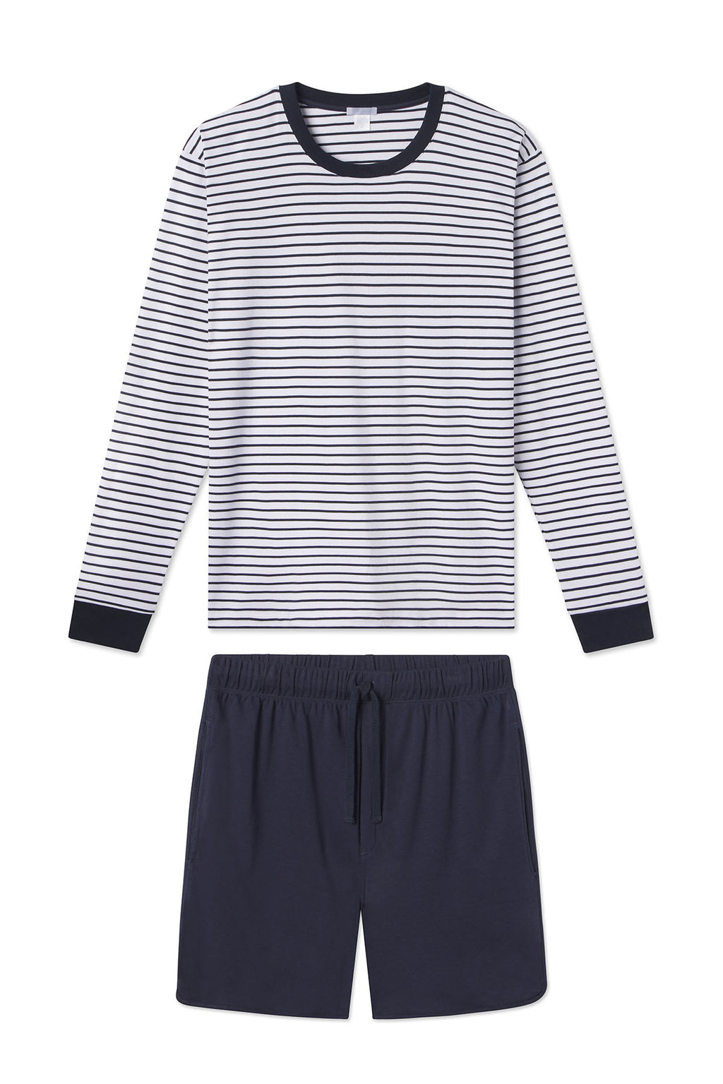 The Mens Pima Long-Short Set in Eclipse includes a long-sleeve white shirt with thin black stripes and solid black cuffs, paired with solid black drawstring shorts, all crafted from soft Pima cotton.