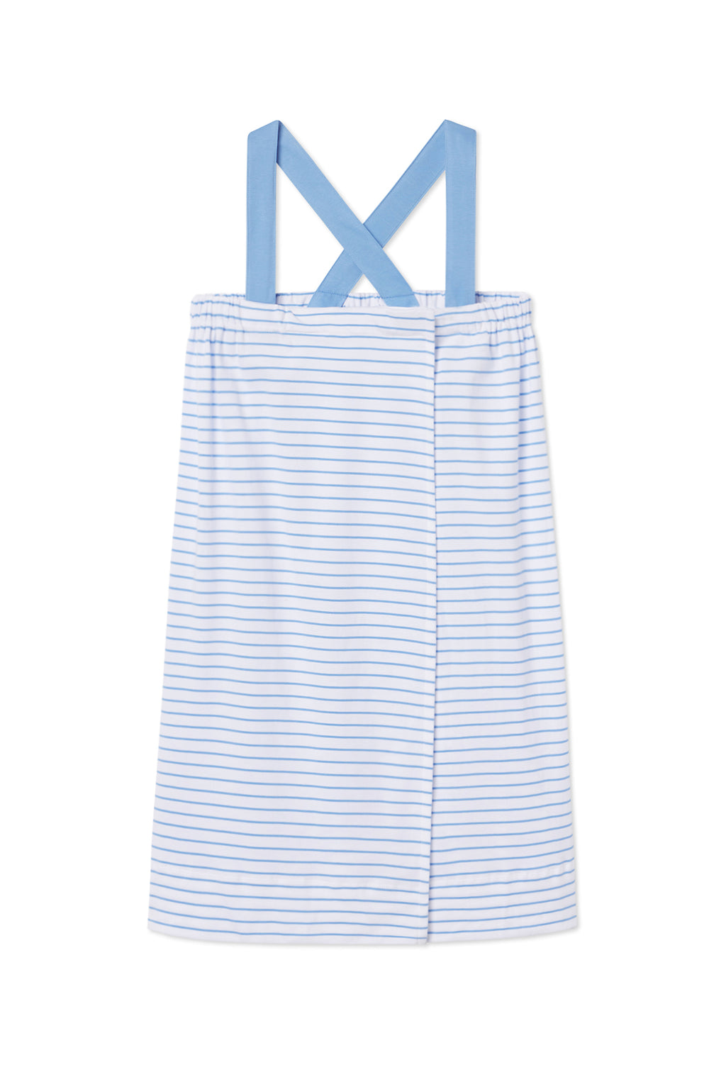 The Pima After Bath Wrap in Baltic Blue with white stripes has wide, solid light blue crisscross back straps. Made from 100% Pima cotton, it’s shown flat on a white background.