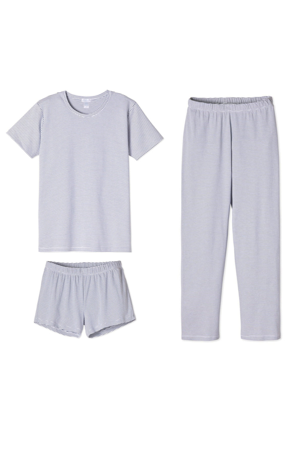 Three-piece navy and white striped pajama set with crew neck t-shirt, shorts, and full-length pants.