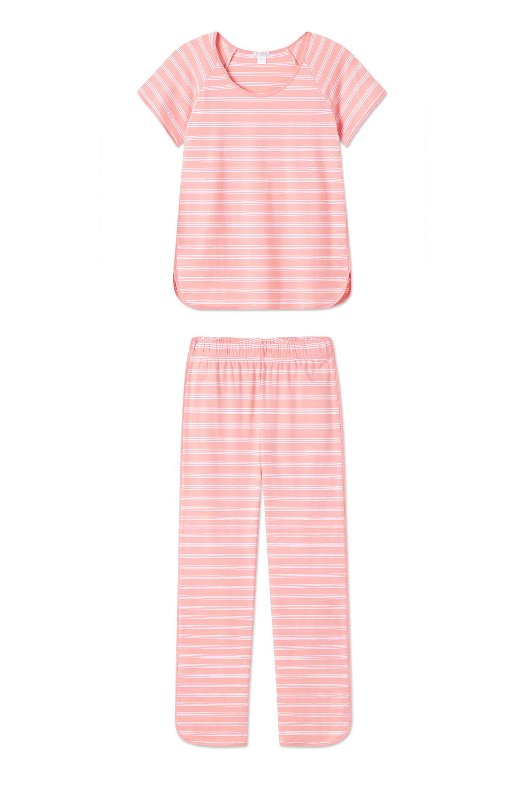Coral and white striped short-sleeve top and long pants pajama set.