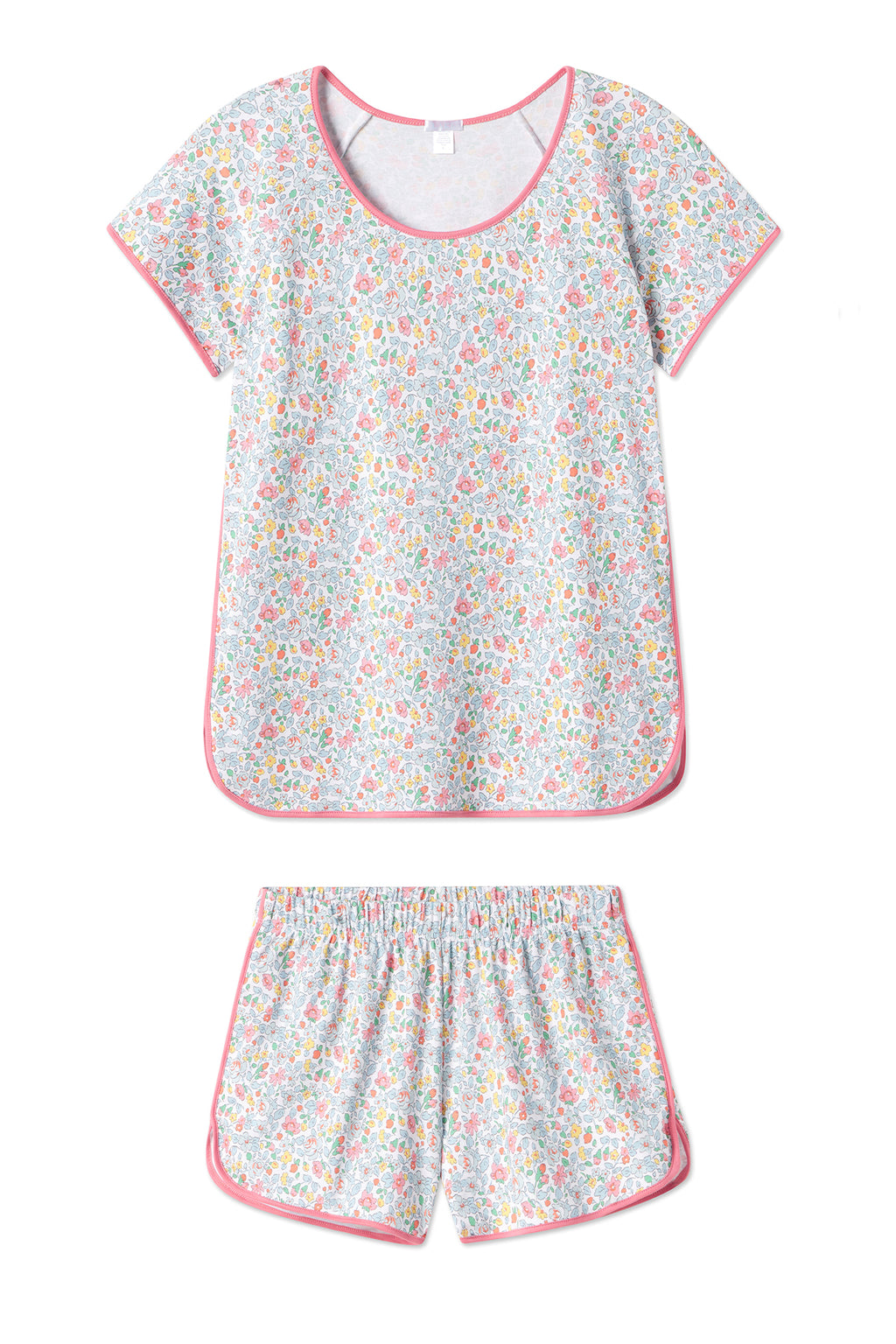 Two-piece pajama set with multicolored floral print, pink trim, and short sleeves with matching elastic-waist shorts.