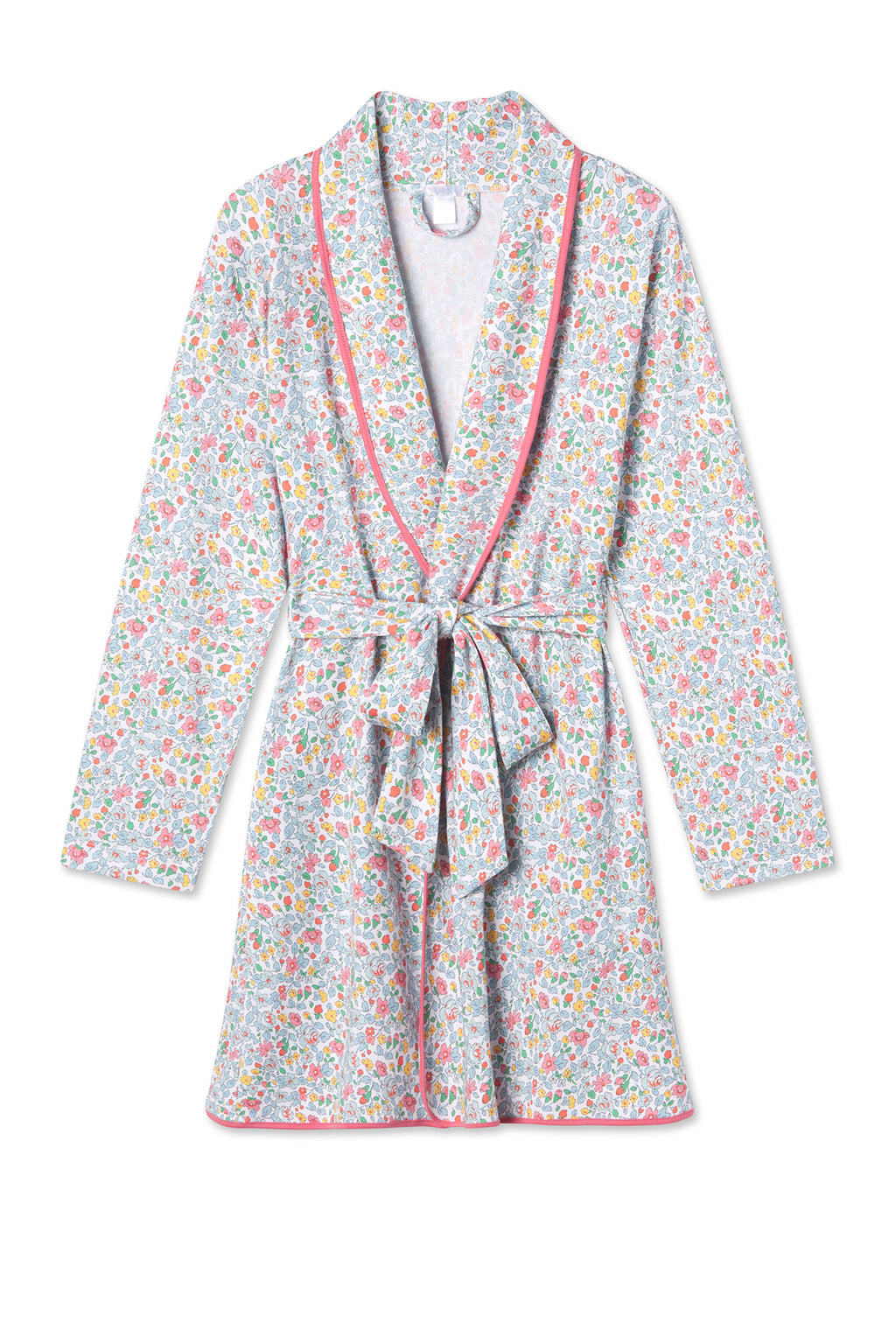 Short robe with multicolored floral print, long sleeves, wrap-style front, and tie waist belt.