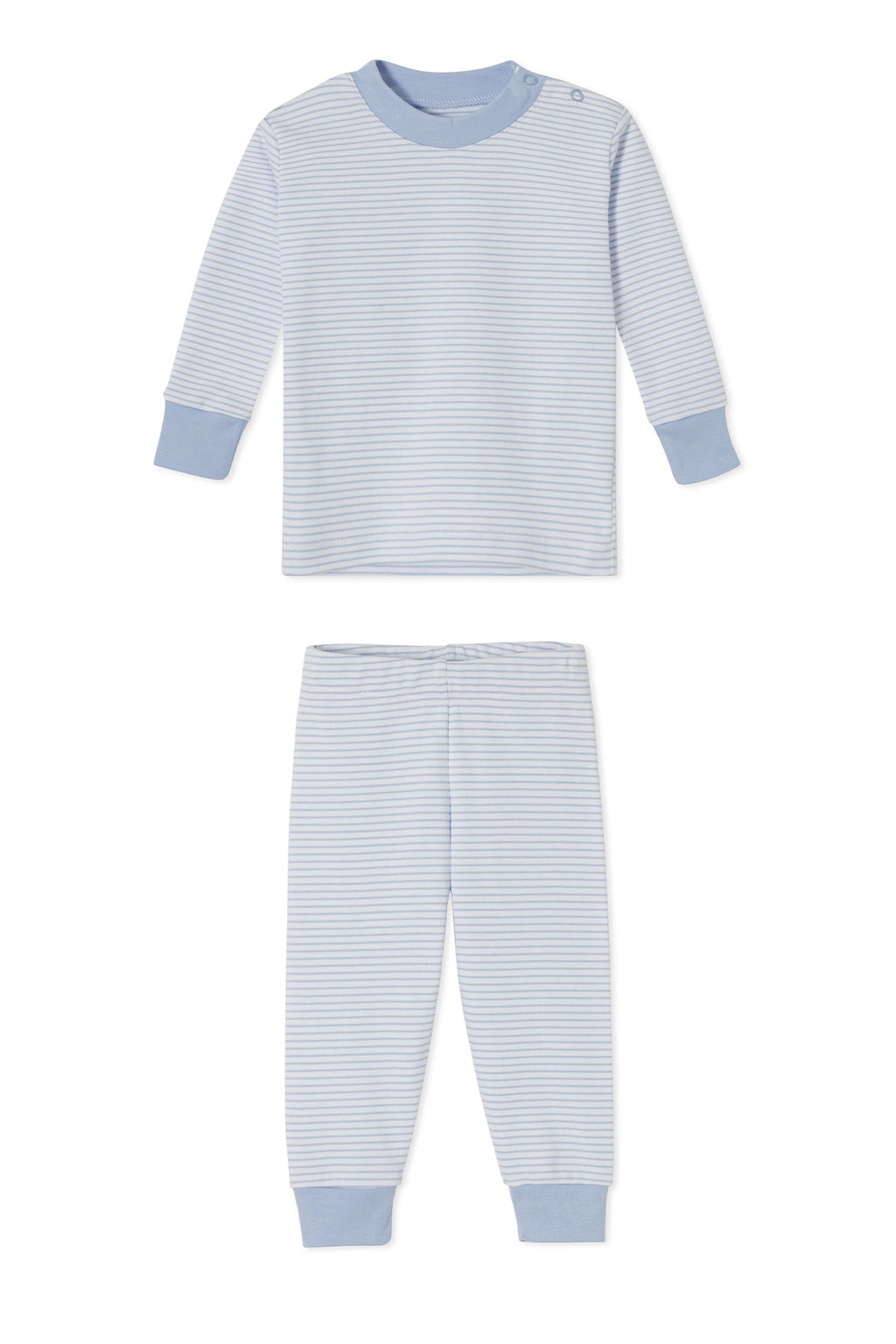 The Baby Long-Long Set in French Blue features light blue and white stripes, a crewneck top with blue cuffs, and matching pants with blue ankle cuffs. Made from soft Pima Cotton and shown laid flat on a white background.