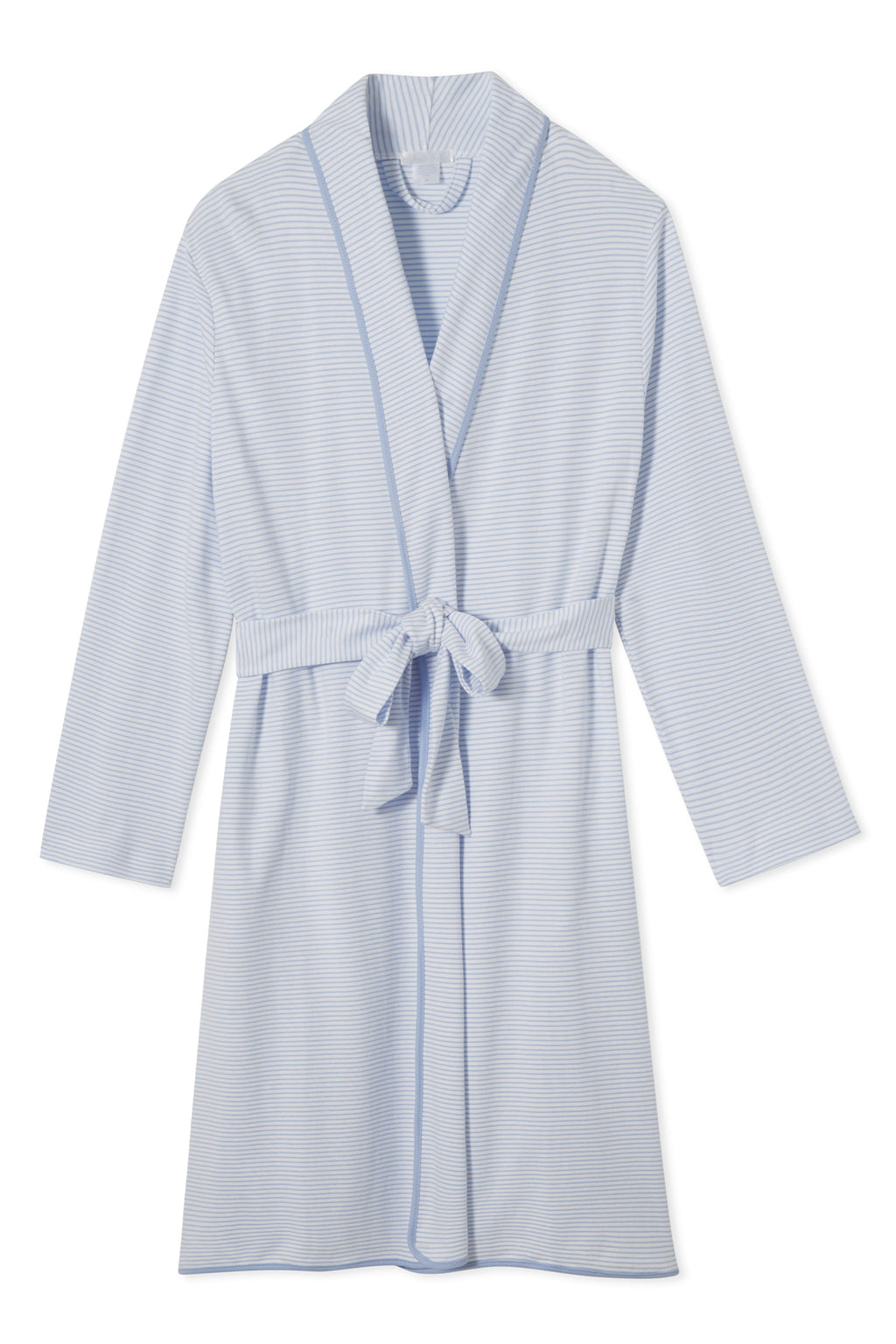 Lightweight and soft, the Pima Robe in French Blue features thin white stripes, long sleeves, a shawl collar, and a matching belt. Crafted from 100% Pima cotton, it’s perfect for comfortable loungewear.