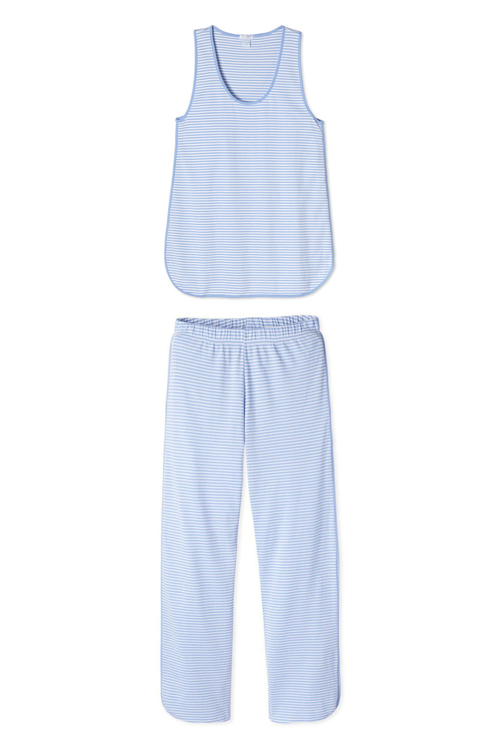 The Pima Tank-Long Set in Hydrangea showcases a light blue and white striped sleeveless scoop neck top and elastic-waist long pants, both crafted from 100% Pima cotton and displayed flat on a white background.