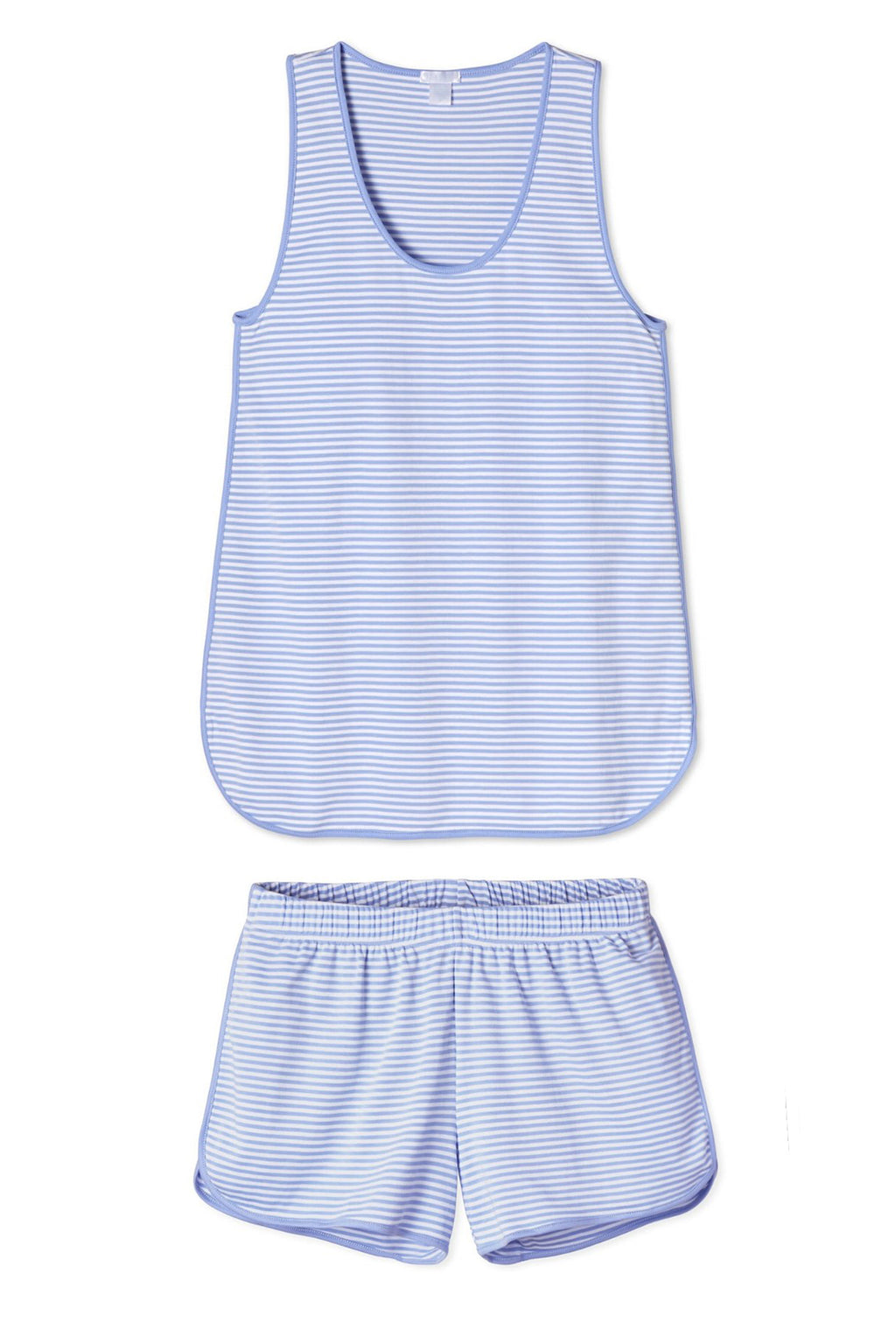 The Pima Tank-Short Set in Hydrangea features a light blue and white striped tank top and elastic-waist shorts made from soft Pima cotton, shown on a white background.
