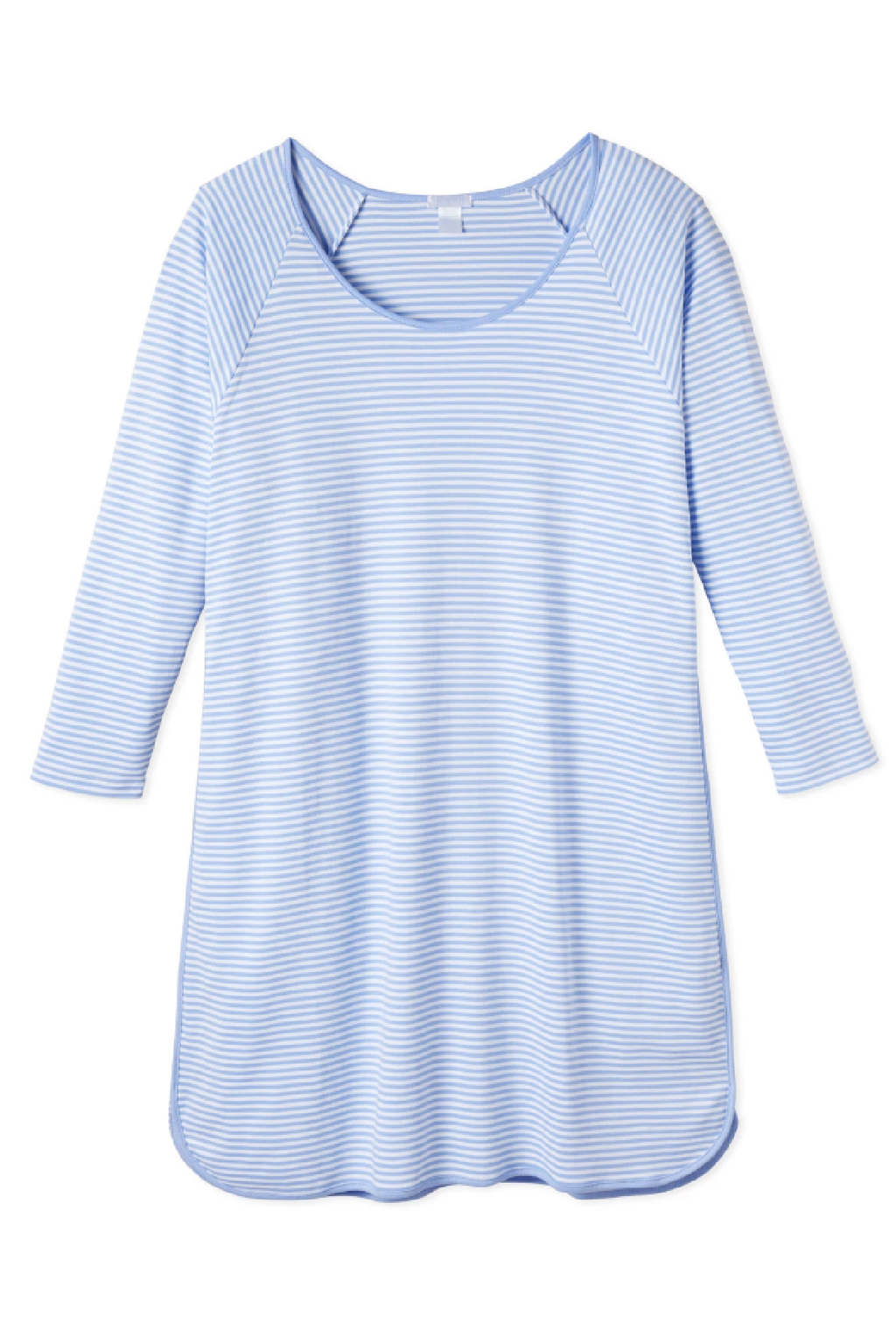 The Pima Long Sleeve Nightgown in Hydrangea features light blue and white stripes, a round neckline, drop shoulders, relaxed fit, curved hem, and is made from 100% soft Pima Cotton for a lightweight feel.
