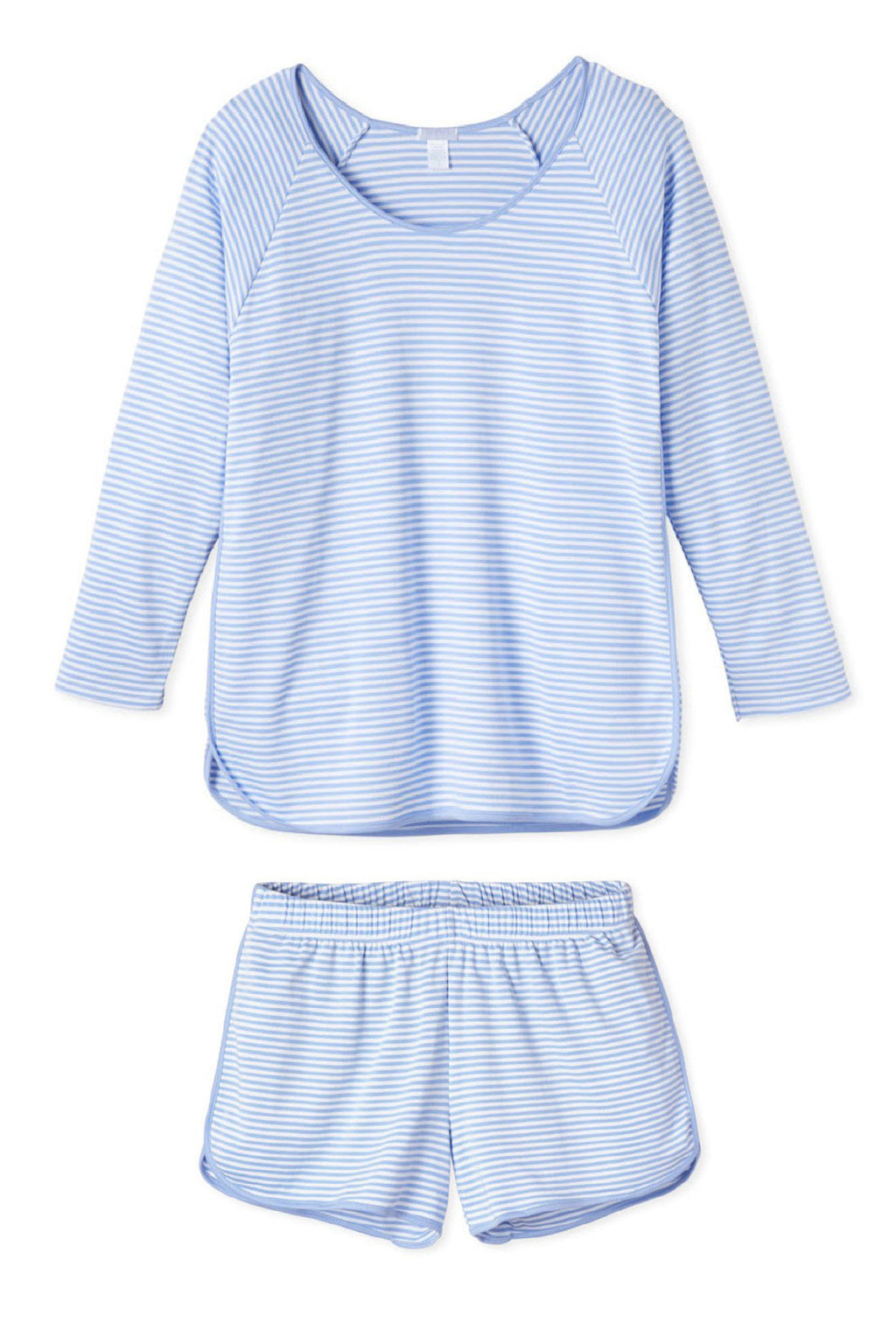 The Pima Long-Short Set in Hydrangea, our best-selling purpley-blue, features a three-quarter length sleeve scoop neck top and shorts with an elastic waistband and 3" inseam. Made from 100% Pima Cotton.