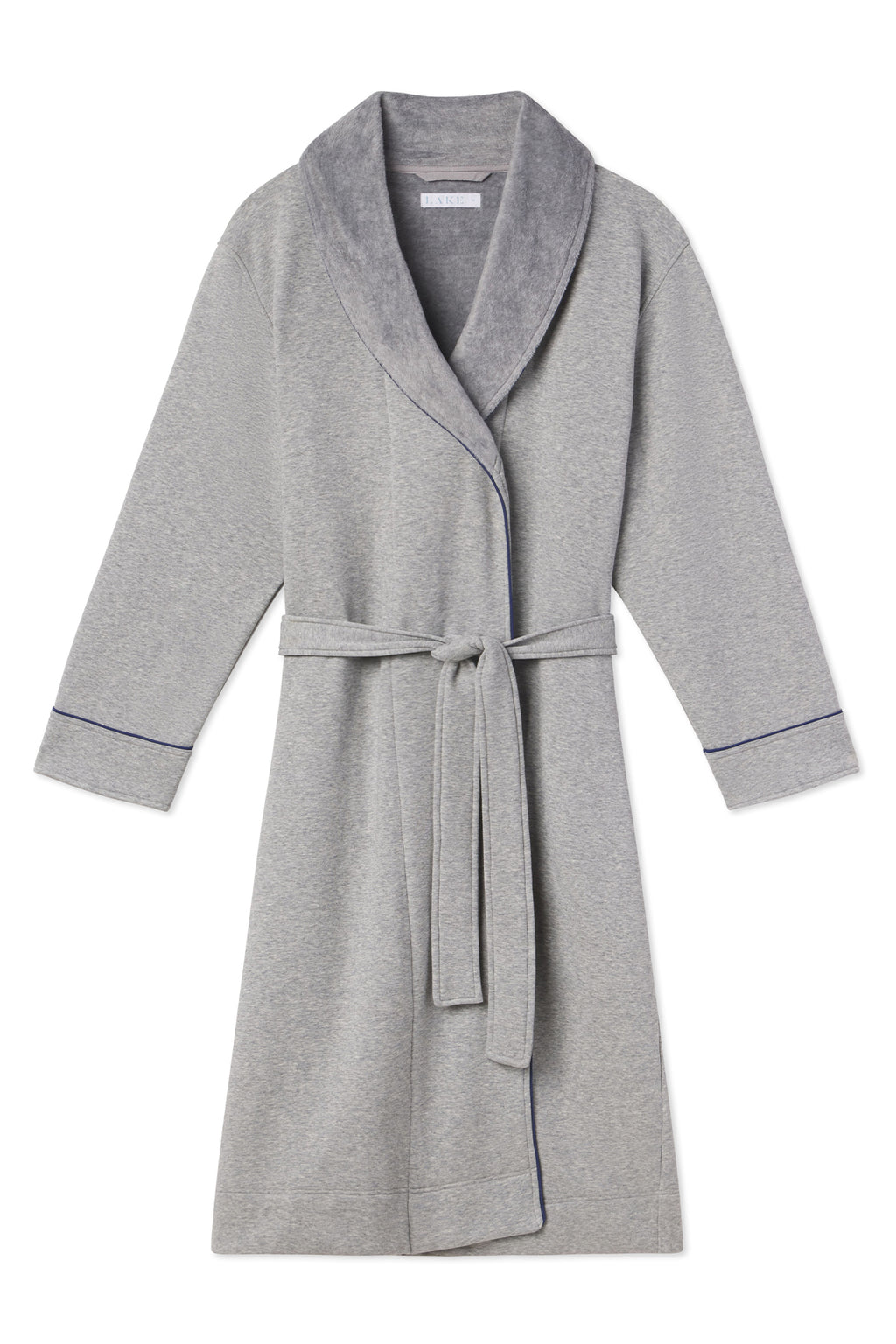 The Mens Cozy Robe in Heather Gray features long sleeves, a turndown collar with dark gray trim, matching waist tie, and dark gray cuff accents, displayed flat on a white background.