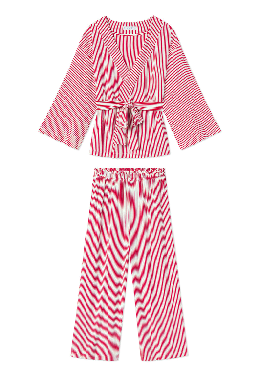 Red and white striped kimono pajama set with wraparound top tied at waist and matching pants.