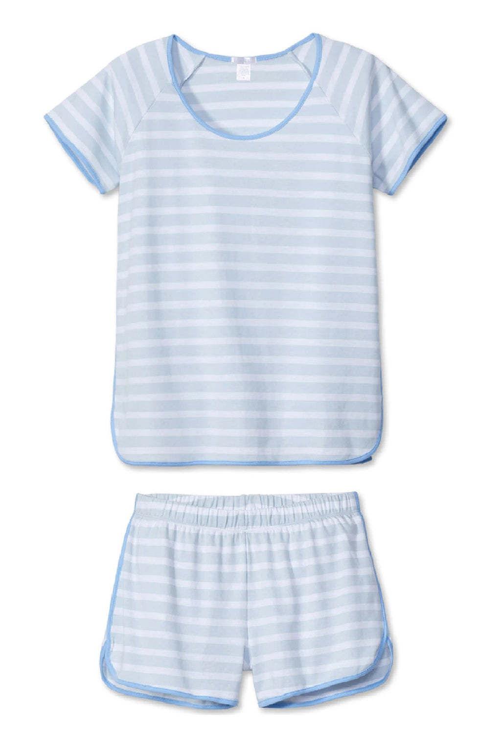 The Pima Shorts Set in Seaside features a light blue and white muted stripe, crafted from soft Pima cotton. The set includes a short-sleeve top and elastic-waist shorts with blue trim, displayed flat on a white background.
