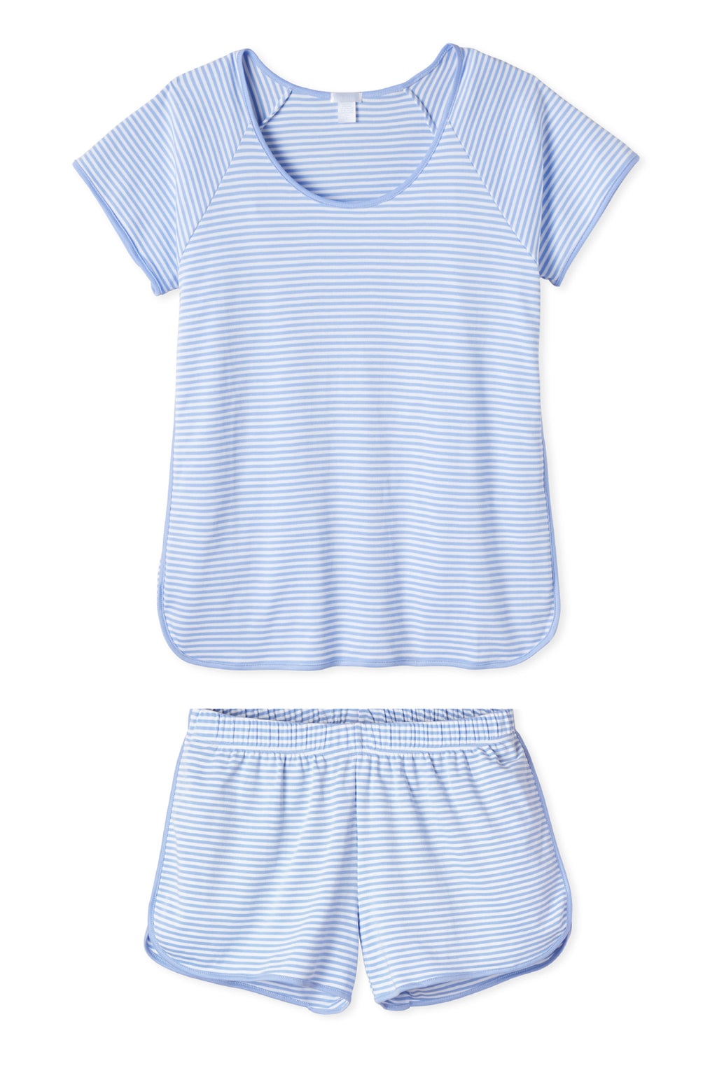 The Pima Shorts Set in Hydrangea features blue and white stripes, a scoop neckline, soft Pima cotton fabric, short sleeves, and elastic-waist shorts. The set is shown laid flat on a white background.