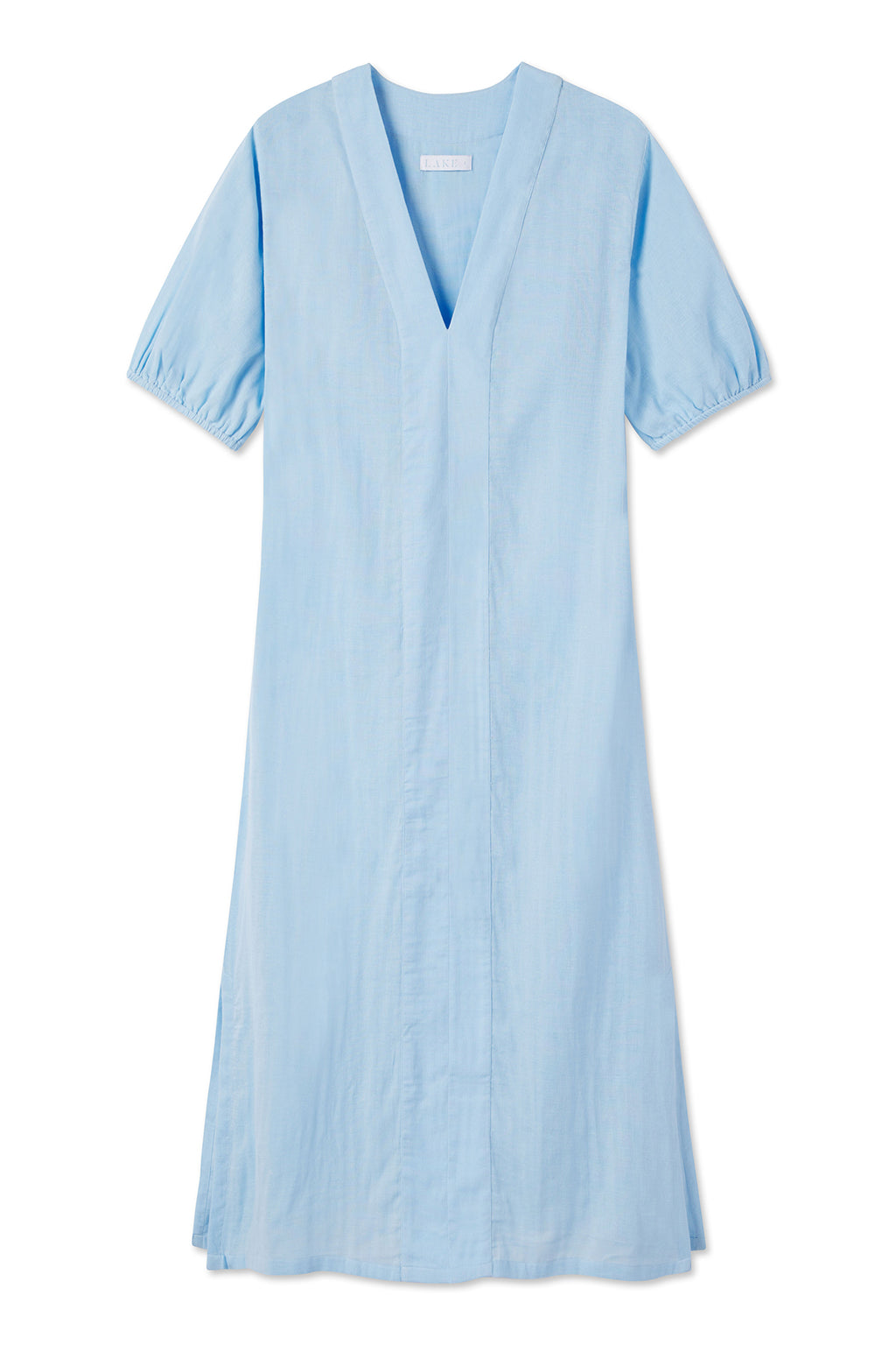 The Gauze Caftan in Morning Blue features a V-neck, short puffed sleeves, and a relaxed fit in soft, lightweight 100% cotton—perfect for breezy comfort any day.