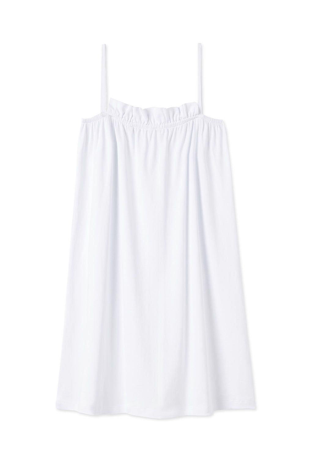 The Pima Ruffle Nightgown in White is a sleeveless, 100% Pima cotton nightgown with thin spaghetti straps and a gathered elastic neckline, shown against a plain white background.